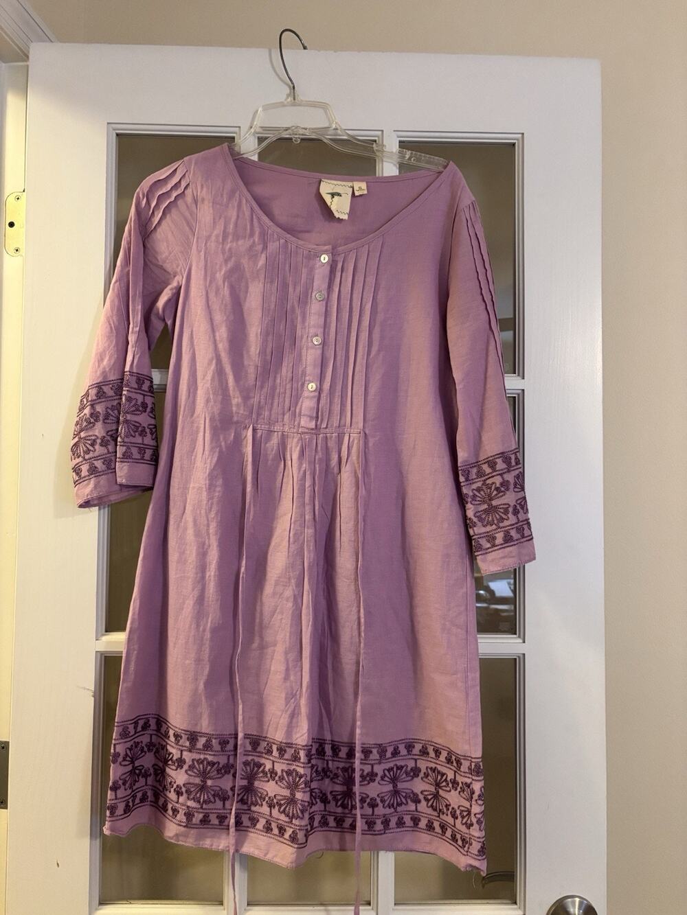 Nurture Women’s Boho Flared Pleated Embroidered Button Up Dress Purple Size S